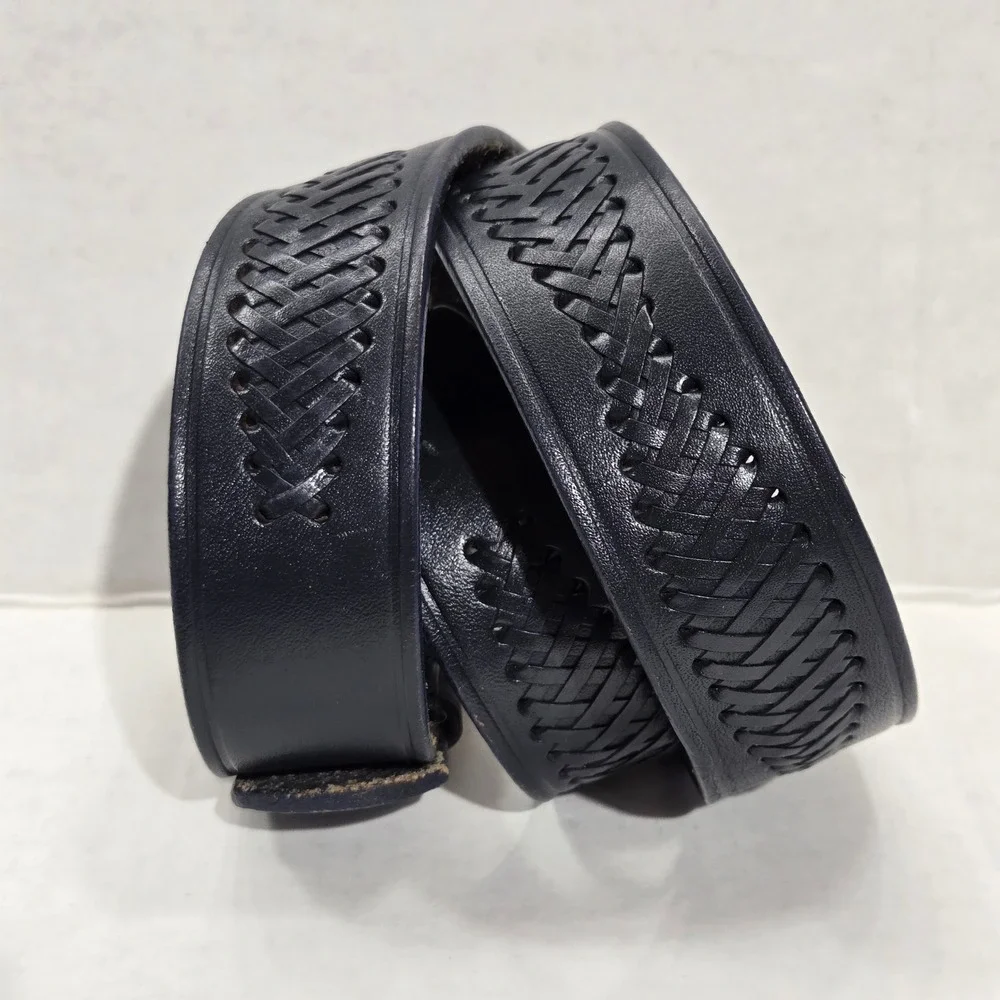Azia Leather Woven Basketweave Belt Mens 36 Navy Blue Full Grain Silver Buckle